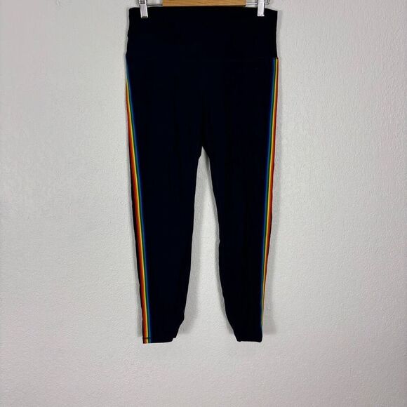 Zyia Active Navy Blue with Rainbow Striped Side High Waisted Leggings Women's Si - Picture 1 of 6